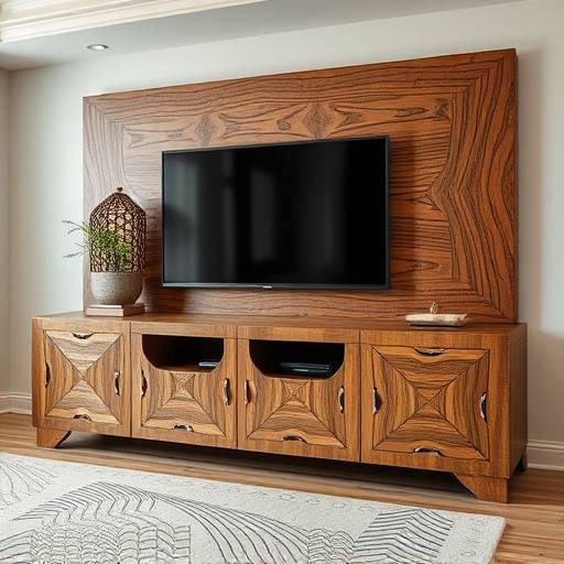 A custom-designed media console with intricate woodwork and a modern aesthetic