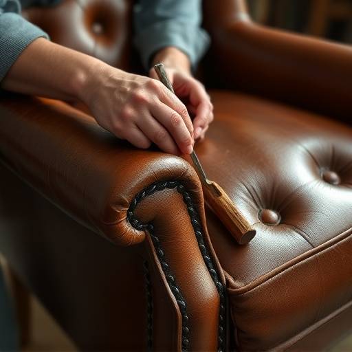 Close-up of a craftsman hand-stitching a custom leather armchair